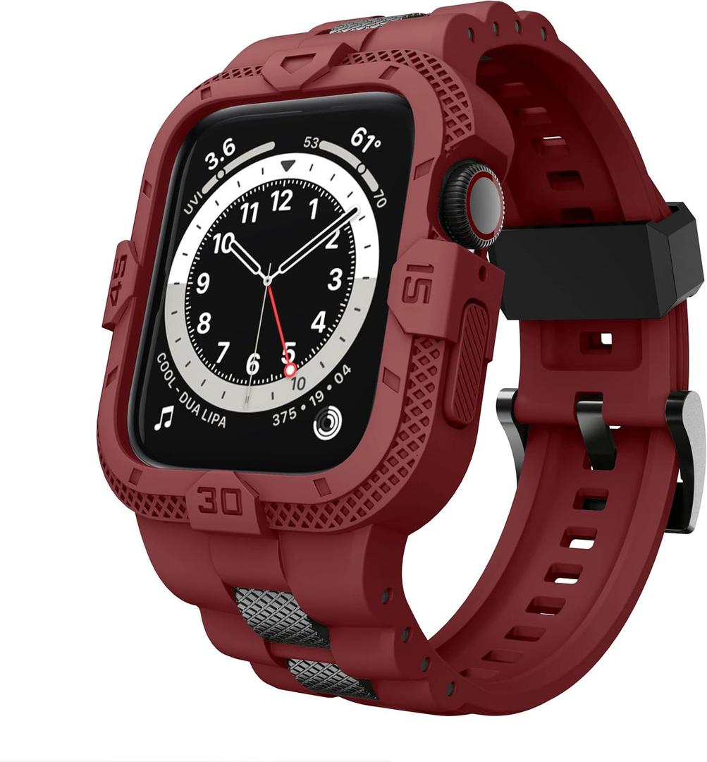 GELISHI Bands Compatible for Apple Watch Band 46mm 45mm 44mm 42mm, Men Sport Rugged Band with Protective Case for Watch Series 10 9 8 7/Series 6 SE 5 4 3 (Dark Red), Size: 45mm/44mm/42mm