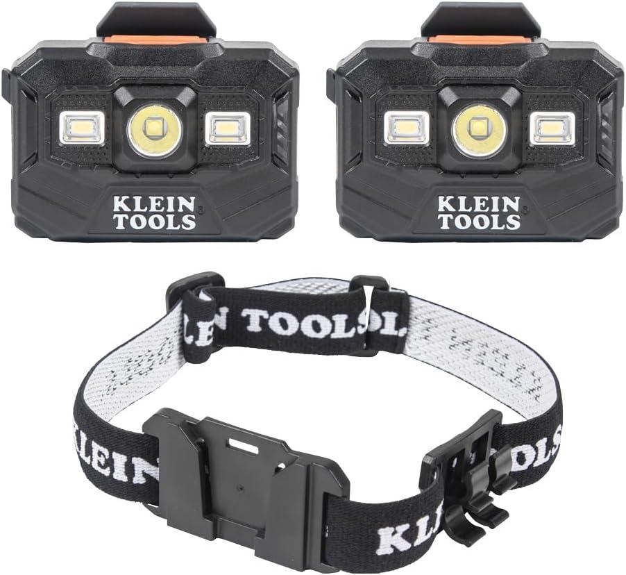 Klein Tools 80174 (2) Rechargeable LED Headlamps with Headlamp Bracket and Fabric Strap, 300 Lumen All-Day Runtime, for Klein Hard Hats, 3-Piece