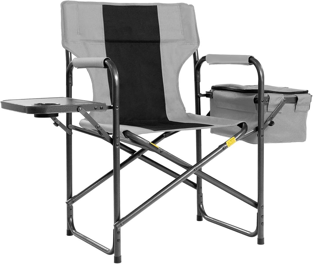 Director Camping Chair with Cooler Bag & Foldable Side Tray - 400lbs Heavy Duty Outdoor Folding Lawn Chair, Portable Camp Chair for Fishing/Backyard (Black & Gray) (1)