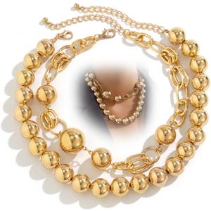 Chunky Gold Big Balls Chain Collar Necklace for Women Vintage White Pearl Layered Exaggerated Necklaces Vintage Thick Round Balls Beaded Large Jewelry