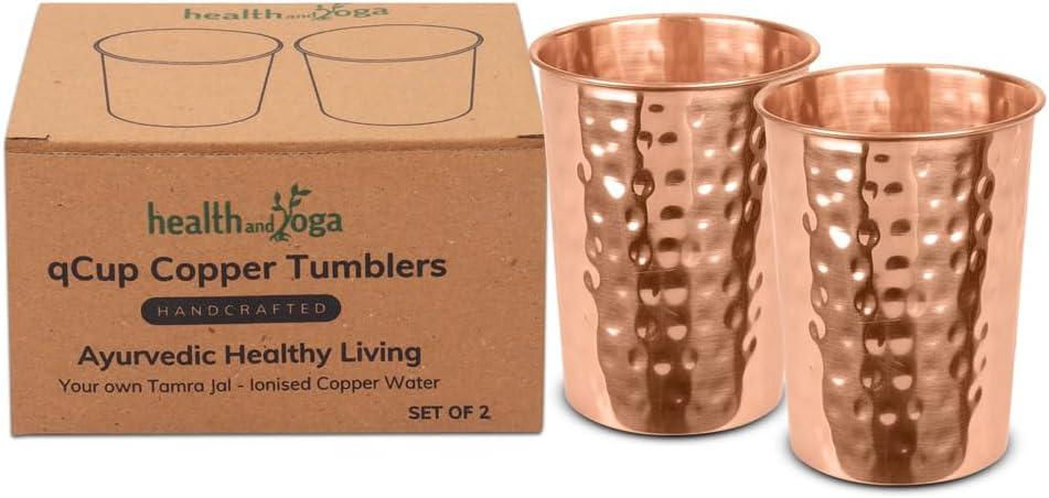HealthAndYoga qCup Pure Copper Tumblers for Drinking - Ayurvedic Health Pure Copper Cups – 2 pcs. set - 250 ml.(8 fl oz) (Hammered)