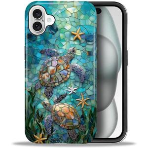 CARLOCA Case for iPhone 16,Sea Turtle Stained Glass Mosaic Design Hybrid Dual Protection Soft TPU Hard PC Shockproof Anti-Scratch Cover Men Women Stylish Protective Phone Case