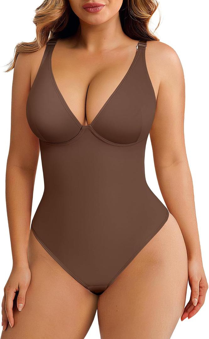 FeelinGirl Shapewear Bodysuits for Women Tummy Control Body Suits Deep V Neck Thong Body Shaper (Brown, XS)
