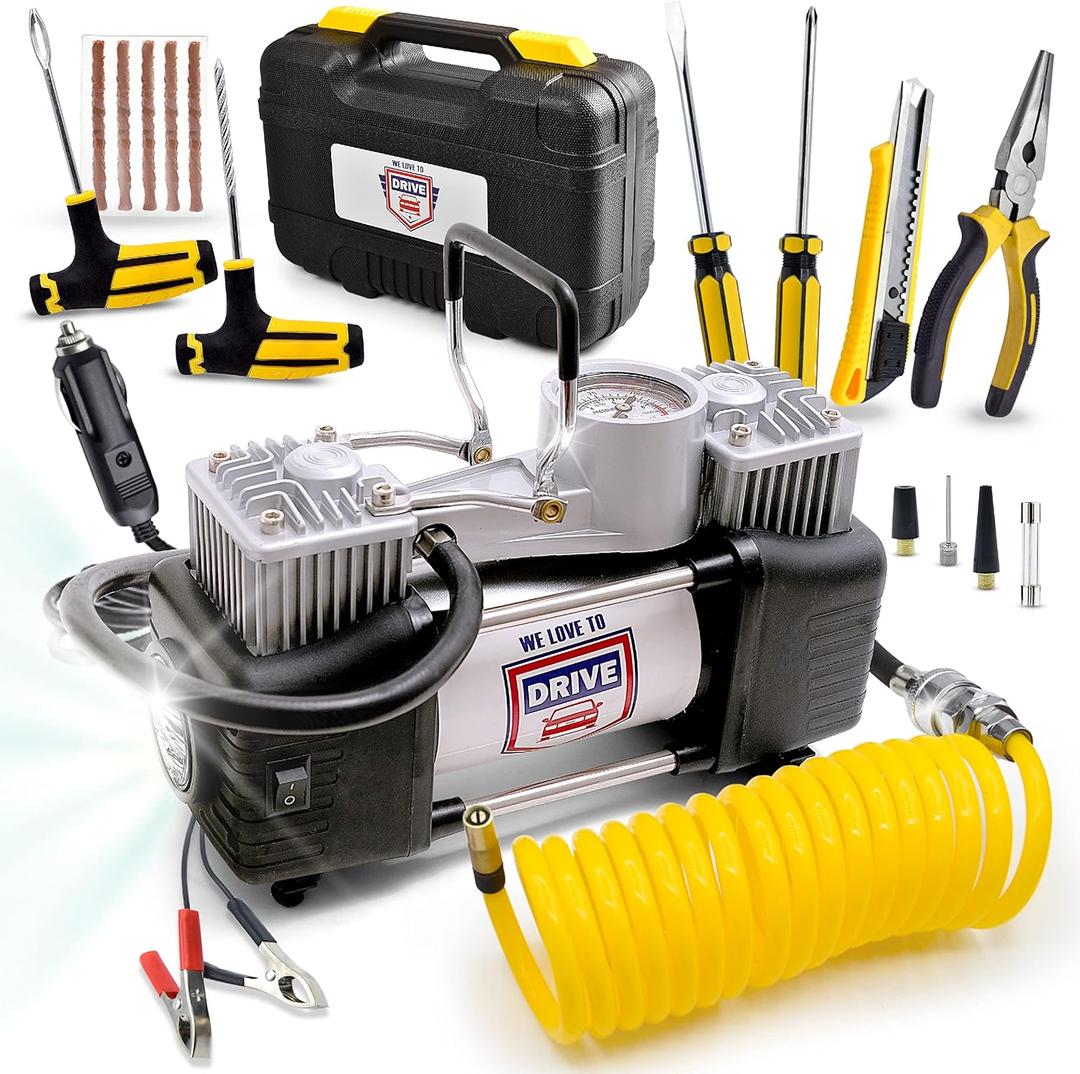 Tire Inflator Portable Air Compressor With Repair Kit - Emergency Car Accessories, 12V DC Dual Cylinder Pump, 150 PSI With Pressure Gauge