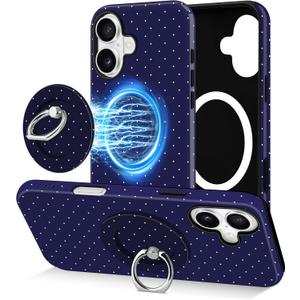 Jusy Compatible with Magsafe Polka Dot Phone Case for iPhone 16, Cute Aesthetic Magnetic Ring Holder Stand Case, Soft TPU and Hard PC Protective Phone Cover for Women Girls - Blue Polka Dot
