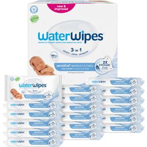 WaterWipes Sensitive+ Newborn & Baby Wipes, 3-In-1 Cleans, Cares, Protects, 99.9% Water, Unscented & Hypoallergenic, 1080 Count (18 Packs)