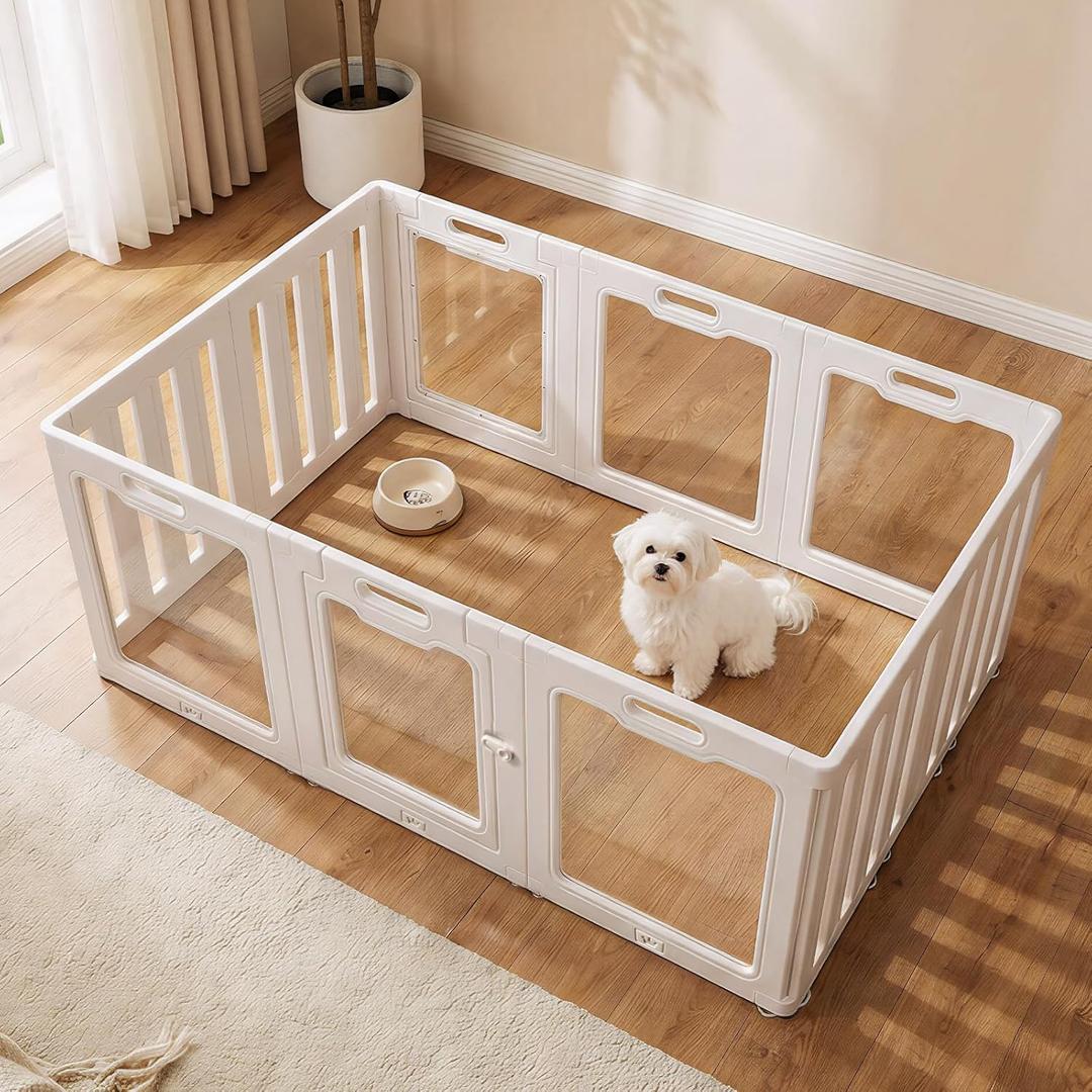Soulbond Clear Acrylic Dog Playpen Indoor, Non-Slip,Tool-Free Assembly, External Door Lock Play Pen for Puppies and Small Dogs (24 Inch, White, 10 Panel)