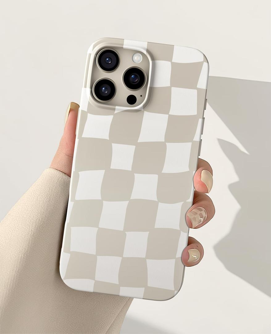 Jusnfu for iPhone 13 Case 6.1 Inch, Trendy Checkered Aesthetic Cute Girly Design for Women & Girls, Checkerboard Pattern Phone Case, Slim Fit Silicone Protective Cover, Beige and White