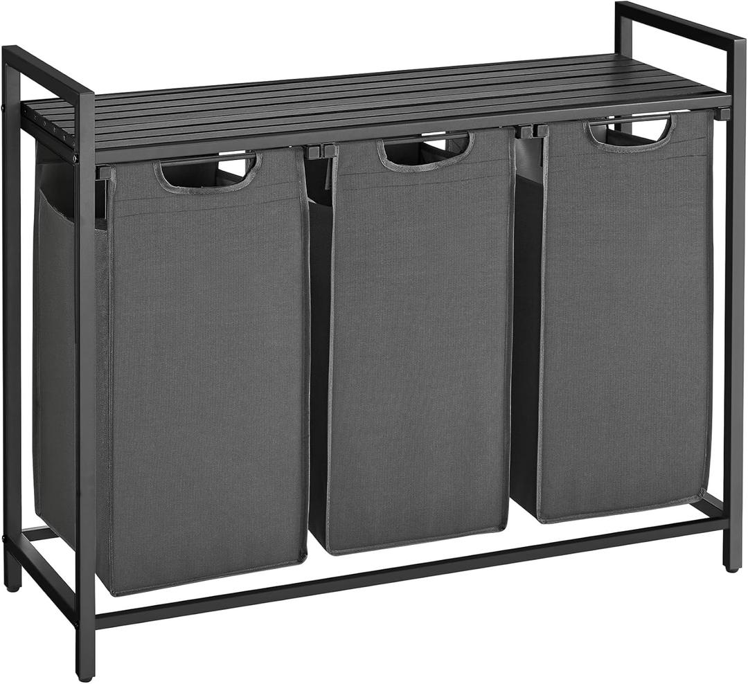 VASAGLE Laundry Hamper, Laundry Basket, Laundry Sorter with 3 Pull-Out and Removable Bags, Shelf, Metal Frame, 3 x 10.6 Gallons (40 L), 36.4 x 13 x 28.4 Inches, Slate Gray and Charcoal Gray UBLH301G01