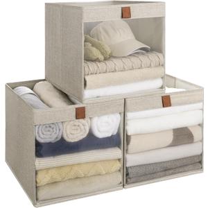 StorageWorks 13x13 Storage Cubes, Closet Storage Bins with Clear Window, Large Fabric Organizer for Clothes, Collapsible Storage Baskets with PU Handles, Brown and Beige, 3-Pack