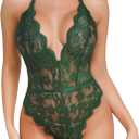 Dlsave Sexy Lingerie for Women,Deep V-Neck Lace Bodysuit Bridal Lingerie Backless One piece Teddy Body Suits Tops Wedding Green M