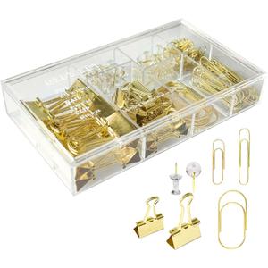 Gold Paper Clips Binder Clips, 154 PCS Luxury Office Supplies Set with Large Small Paper Clamps Binder Clips Clear Push Pins Office School Desk Organizer (Gold)