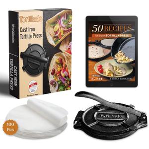 Tortillada  8 inch Tortilla Press + Parchment Paper (100 pcs) - Pre-Seasoned Cast Iron with Recipes E-Book