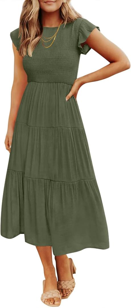 ZESICA Women's 2026 Summer Casual Flutter Short Sleeve Crew Neck Smocked Elastic Waist Tiered Midi Dress (Green, XXL)
