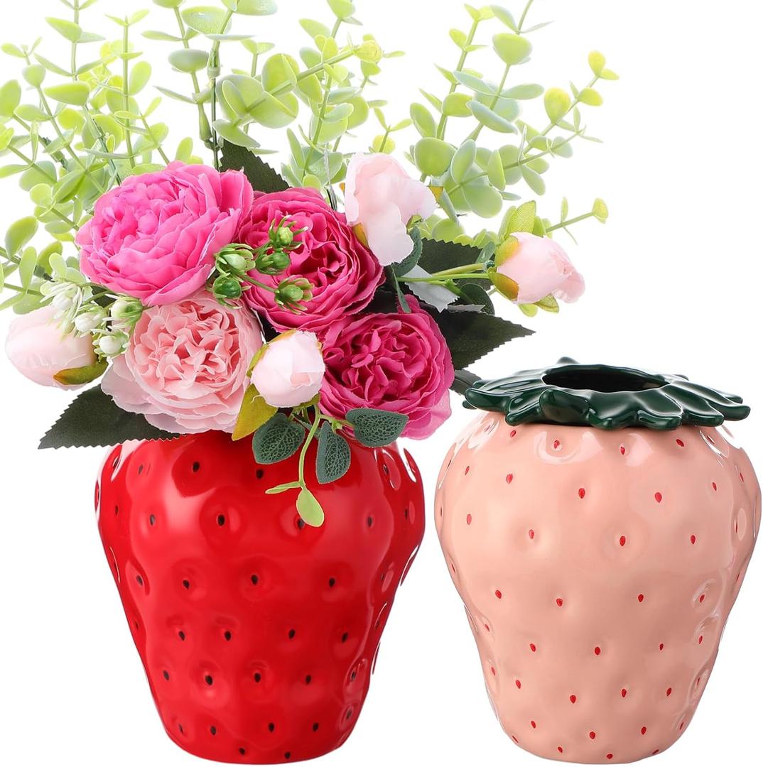 2 Pcs Strawberry Vase 6 Inch Strawberry Shaped Aesthetics Ceramic Fruit Planter Pot Decor Stuff Gifts for Party Baby Shower Kitchen Office Home Decorations