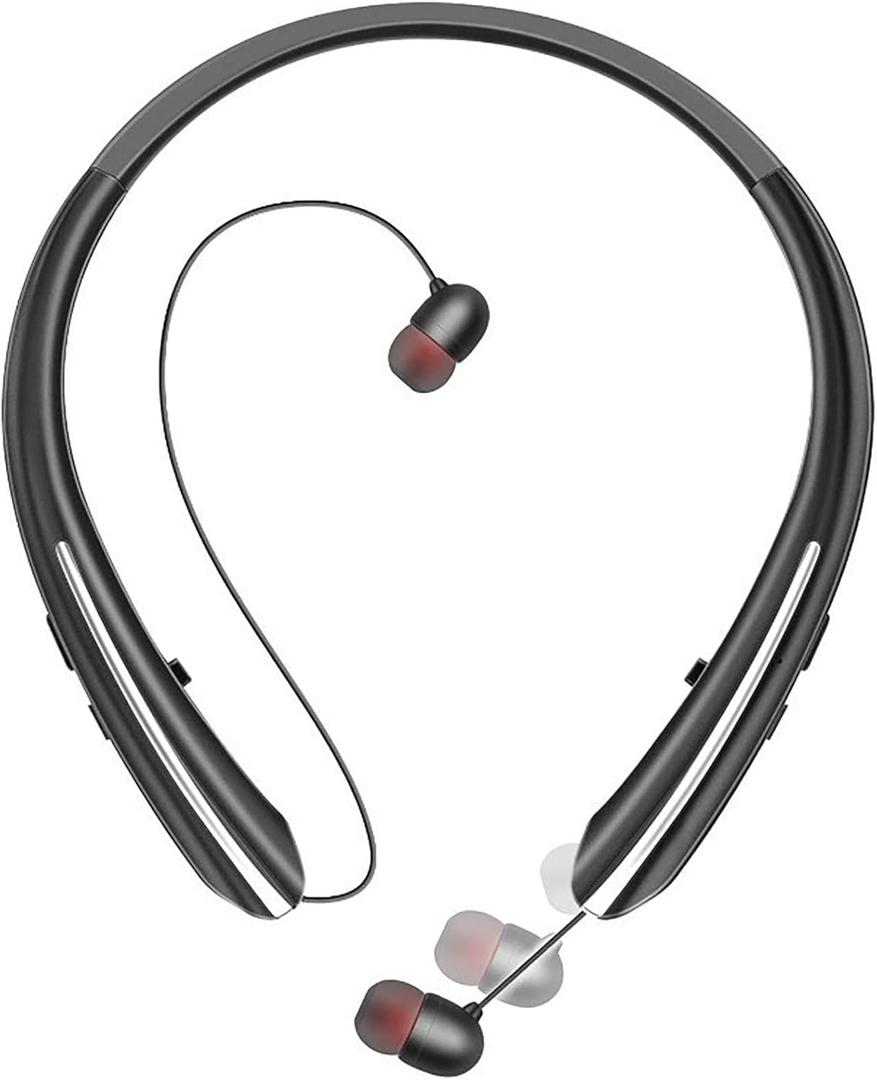 ForFuego Retractable Neckband Bluetooth Headphones, 22H Playtime Wireless Earbuds, Auto-Coil Cord, Hands-Free Call with CVC 8.0 & Noise Cancellation, Secure & Comfortable Fit, Silver & Black