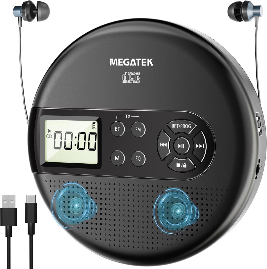 MEGATEK CP27BR Portable CD Player Bluetooth for Car with FM Transmitter, USB, AUX, LCD Display, Anti-Skip, Stereo Speakers, Headphones & Rechargeable Battery Black