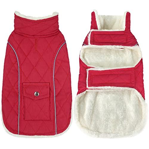 Malier Dog Winter Coat, Windproof Dog Cold Weather Coats with Real Pocket, Winter Extra Warm Pet Coat Fleece Jacket Reflective Clothes for Small Medium Large Dogs and Puppy (Red, Small)