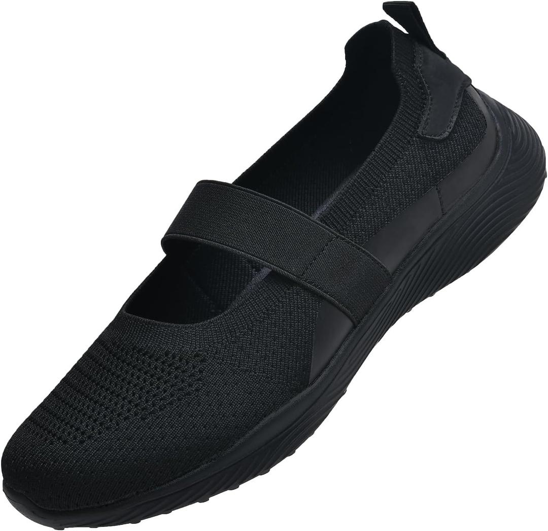 Women Mary Jane Shoes Slip On Walking Flats Comfortable Dressy Knit Washable Casual Nurse Shoe with Arch Support (8.5, 03013-black)