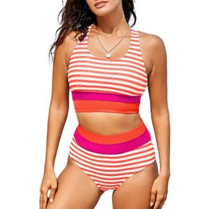 Dokotoo Women's High Waisted Bikini Sets Two Piece Swimsuits Color Block Scoop Neck Bathing Suits (Large, Orange)