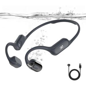 Swimming Bone Conduction Headphones with Night Safety Light, IP68 Waterproof 32G MP3 Memory, Soft Silicone Underwater Headphones,Submersible Sport Earbuds/Earphones for Swimming Diving-Obsidian Black