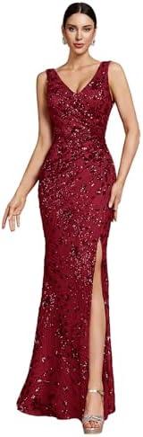 Elegant Long Sequin Formal Dress V-Neck Slit Design, Stretchy Fitted Glamorous, Burgundy, Medium