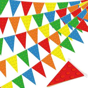 Tiamon 5 Pcs Building Block Birthday Party Decorations Colorful Blocks Bricks Triangle 49.2 Ft Flag Red Blue Yellow Pennant Banner Garland Streamer for Birthday Baby Shower Brick Themed Party Supply