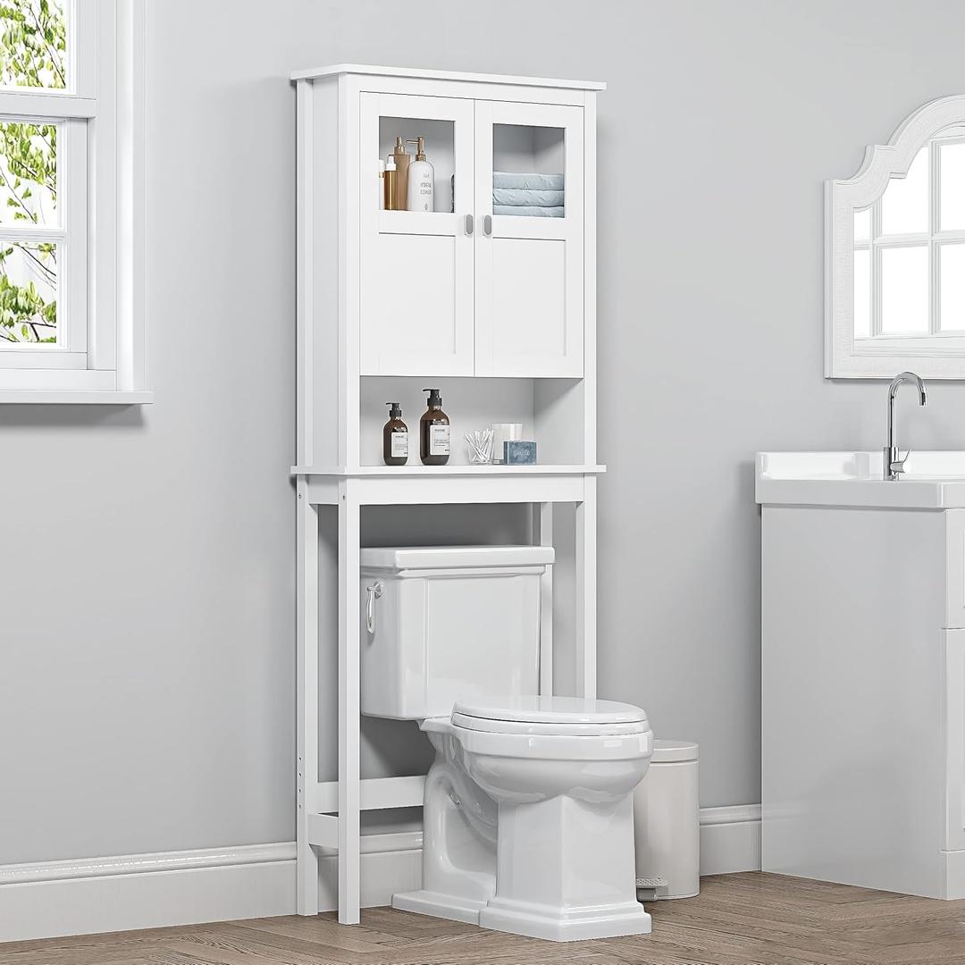 Spirich Bathroom Cabinet Over Toilet, Bathroom Storage Cabinet with Glass Doors and Adjustable Shelves, Over The Toilet Storage Cabinet, White, 25.59 x 7.8 x 66.93