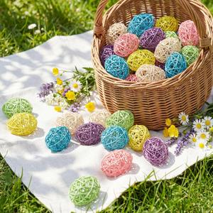RoundFunny 24 Pcs Pastel Rattan Eggs Ball Egg Vase Bowl Tray Filler Farmhouse Rustic Woven Decorative Eggs for Home Party Table Centerpiece Decorations Favors Celebrations