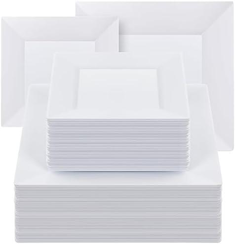 Goodluck 100 Pack Square Plastic Plates, Heavy Duty 50 Dinner Plates 9.5" and 50 Dessert Plates 6.5", Fancy Disposable Plates for Wedding, Holiday Party, Birthday, White