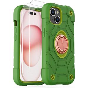 KCJ Compatible with iPhone 15 Case with[2Screen Protectors+1xLens Protector][Ring Stand] Soft Silicone+Hard PC Full Body Protection Phone Shell Durable Rugged Case for iPhone 15 6.1" Avocado