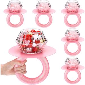 6 Sets Valentine's Day Gift Box DIY Kit Pink Giant Ring Shaped Diamond Candy Box Decoration with Transparent Bowl Glitter Foam Ring for Romantic Valentine Galentine DIY Gift Proposal Wedding Favors