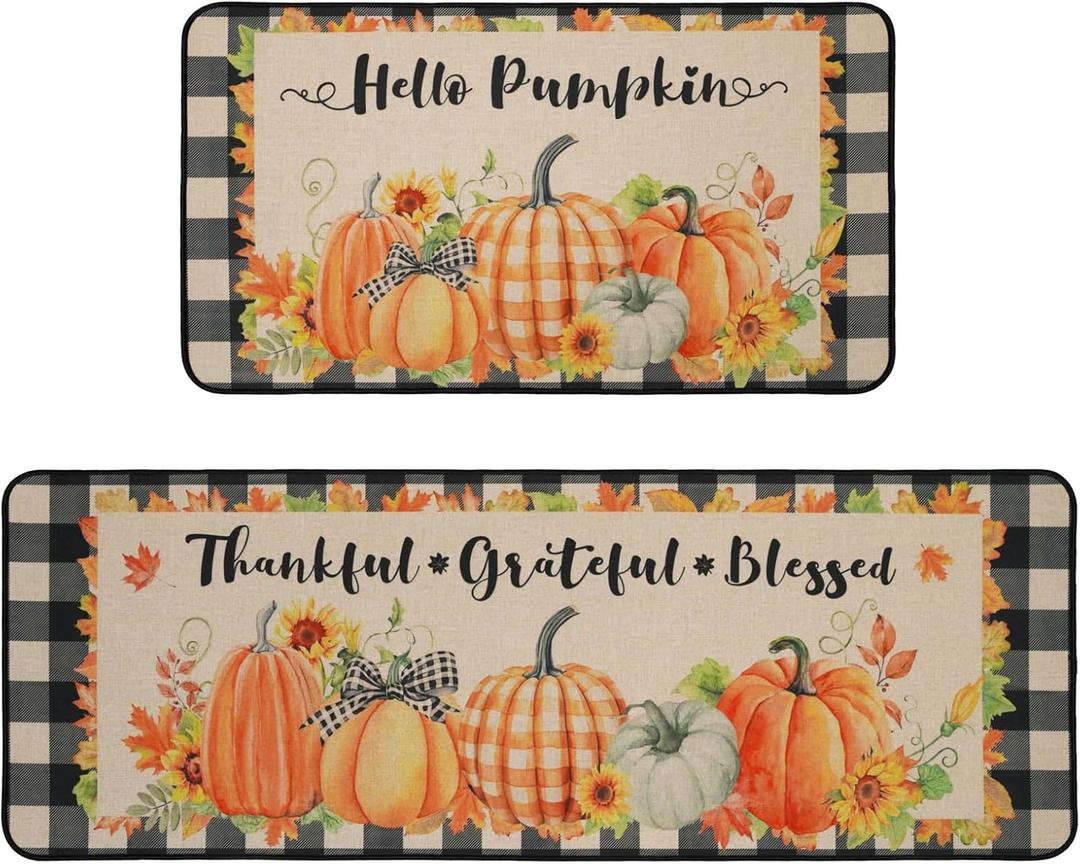 MEHOFOND Hello Pumpkin Kitchen Mats Set of 2, Fall Thanksgiving Decor Mat, Buffalo Plaid Farmhouse Autumn Harvest Pumpkin Thankful Holiday Absorbent Non Slip Anti Fatigue Rugs 17 x 29 and 17 x 47 in