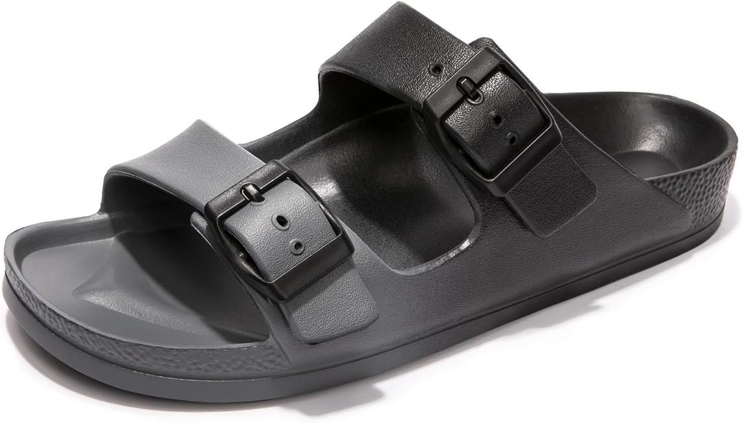 FUNKYMONKEY Women's Comfort Slides Double Buckle Adjustable Plastics Flat Sandals (6, Black/Grey)