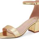 GENSHUO Women's Low Block Heel Sandals Strappy Open Toe Dress Heels Comfortable Sexy Cute Ankle Strap Wedding Party Prom Summer Heeled Shoes (9, Faux Leather Gold)