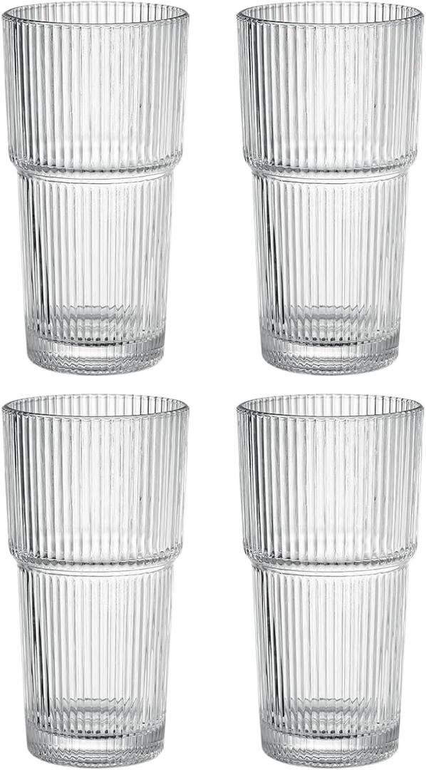 Ribbed Drinking Glasses, 20oz Glassware Set, 4 Pack, Lead-Free Handcrafted Glass Cups for Iced Coffee, Smoothies, Cocktails, and Juices, Durable and Stackable for Family Use or Parties