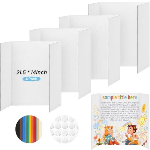 BXIHUR 4 Pcs Trifold Poster Board, 21.5x14 inches Small White Poster Board Comes with Sticky Accessories, Corrugated Presentation Boards, Display Board for School Projects, Business Presentations