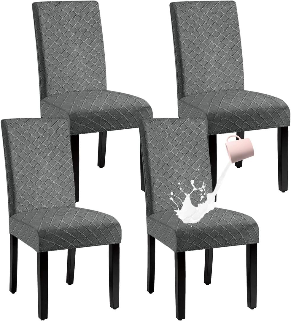 Waterproof Dining Chair Cover,Spandex Fabric Fit Stretch Chair Slipcover,Removable Washable Jacquard Parsons Chair Covers (Light Grey,Set of 4), 44x11 