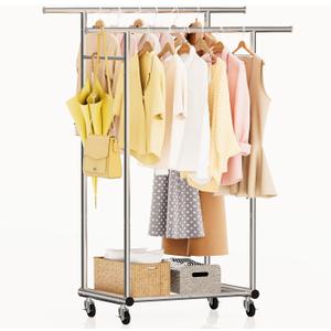 TigerParty Double Rods Clothes Rack for Hanging Clothes, Heavy Duty Sturdy Stainless Steel Clothing Rack, Rolling Garment Rack with Wheels for Bedroom Laundry Living Room