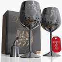 Mothers Day Gift for Mom Set of 2 glossy black Stainless Steel Wine Glasses, 17oz Engraved Goblets with Bottle Stopper, Unbreakable Elegant Wine Cups, Gift for Women, Wife, Mom, Sister