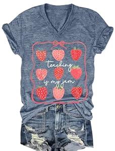 Teaching is My Jam Shirts for Women Teacher V Neck T-Shirt Loose Casual Strawberry Tops Fruit Graphic Tees Clothes (Blue4, XL)