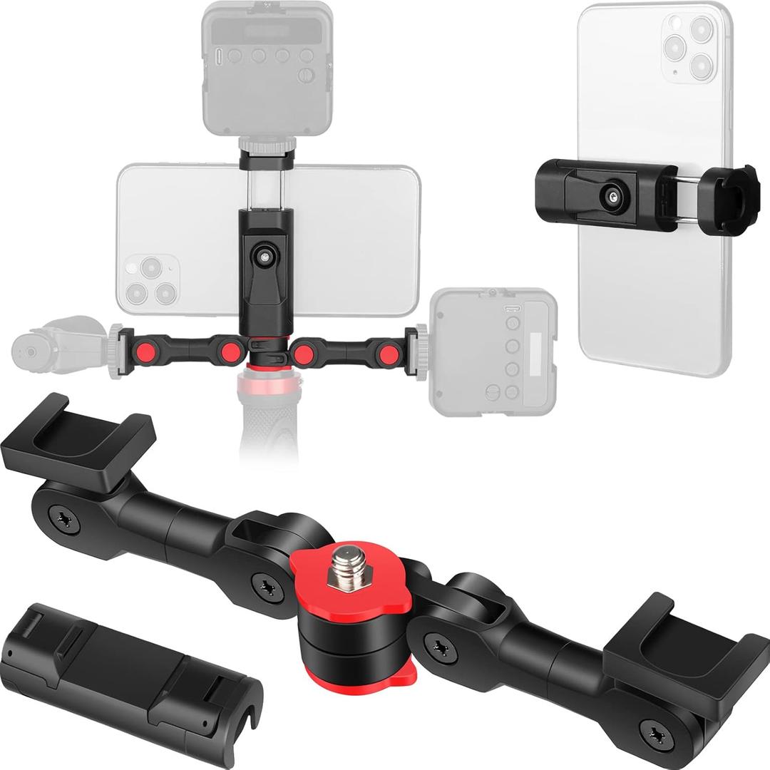 ChromLives Cold Shoe Mount Adapter with Phone Clip,Rotatable Dual Cold Shoe Extension Bracket Hot Shoe Mount Adapter for Led Light/Microphone (Red)