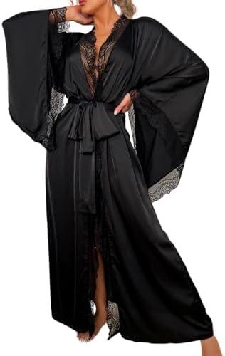 ChiaoLezhee Silk Long Robe For Women, Satin Lace-Trim, Bride Wedding-Night, Bridal Bridesmaid Kimono Robes Lightweight, Black, S