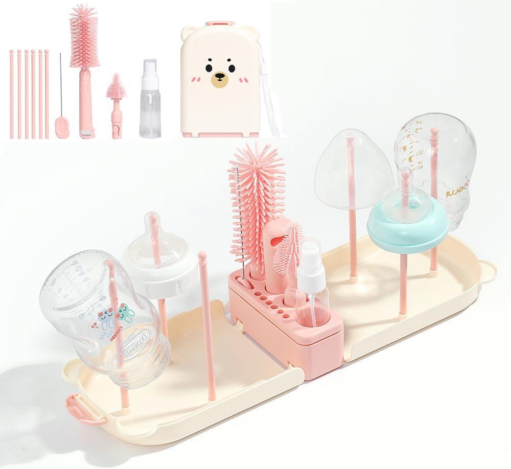 6 In1 Baby Bottle Brush Kit,Portable Silicone Bottle Brush Cleaner Set with Straw Brush,Nipple Brush,Drying Rack,Soap Dispenser,Storage Bag for Travel or Home,Compact&Space-Saving(Pink)