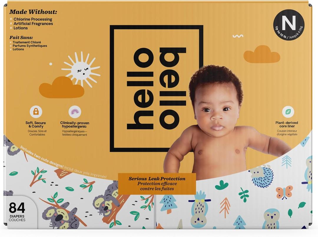 Hello Bello Diapers, Size Newborn (NB, Up to 10 lbs), 84 Count of Premium Disposable Baby Diapers in Woodland Animals and Koala Kids Designs, Hypoallergenic with Soft, Cloth-Like Feel