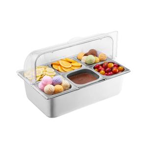 VEVOR Countertop Food Serving Display Container, 6 Pan Stainless Steel Food Serving Tray, Buffet Condiment Dispenser Display Rack with Clear Lid & 3 Freezer Boxes, for Restaurant Hotel Kitchen Party