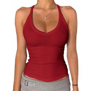 Danysu V Neck Racer Back Tank Top for Women Padded Ribbed Long Tank Fitted Basic Cami Tops, L