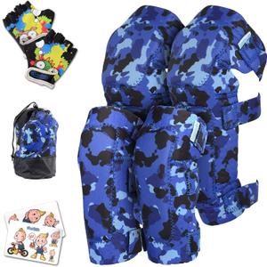 Soft-Style Kids Knee and Elbow Pads with Bike Gloves, Flexible Impact-Resistant Gear for Ages 2-11, Designed for Balance Bikes, Roller-Skating, and Skateboarding ((2nd Gen) Ocean Camo, Medium)