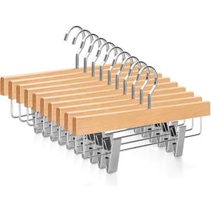 TOPIA HANGER Pants Hangers, Luxury Natural Wooden Skirts Hangers with 2 Big Premium Metal Clips and 360 Swivel Anti-Rust Flat Hook, 20 Pack Boutique Hanger for Skirts, Trousers, Jeans, Slacks, CT03N