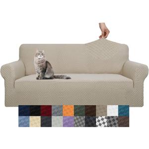 YEMYHOM Couch Cover Latest Jacquard Design High Stretch Sofa Covers for 3 Cushion Couch, Pet Dog Cat Proof Slipcover Non Slip Magic Elastic Furniture Protector (Sofa, Khaki)